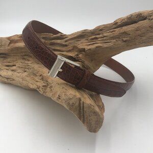 LAUREN Ralph Lauren Cognac Brown Croc-Embossed Leather Belt with Silver Buckle S